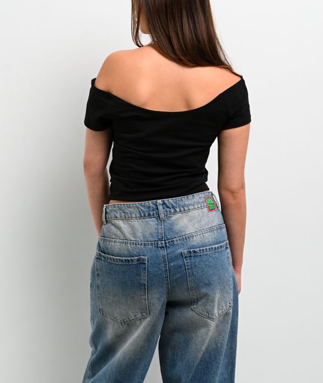 Guess Jeans 81 Off Shoulder Black Crop T-Shirt - thumbnail 2