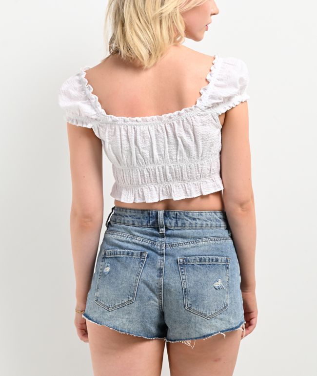 Hesperus White Woven Smocked Crop Top - thumbnail 2