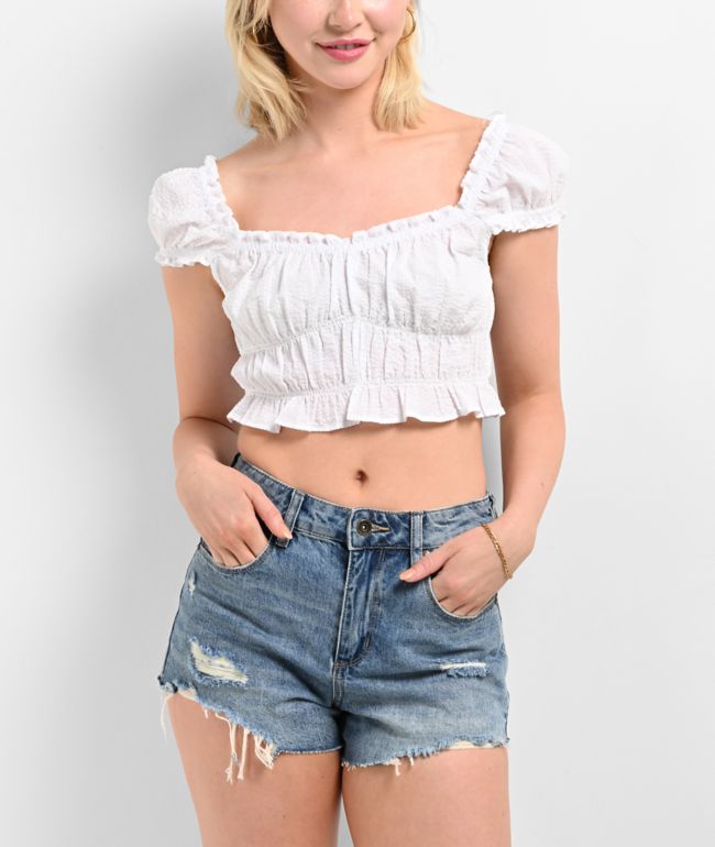 Hesperus White Woven Smocked Crop Top