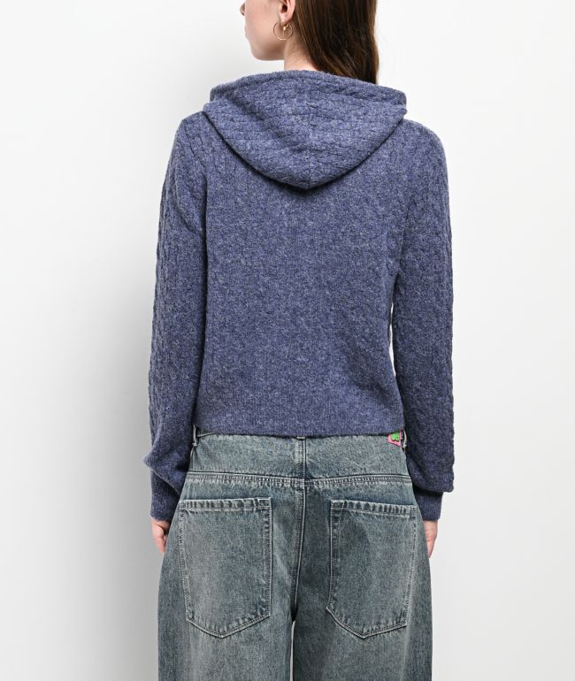 Hooked Up Blue Cable Knit Crop Zip Hooded Sweater - thumbnail 2