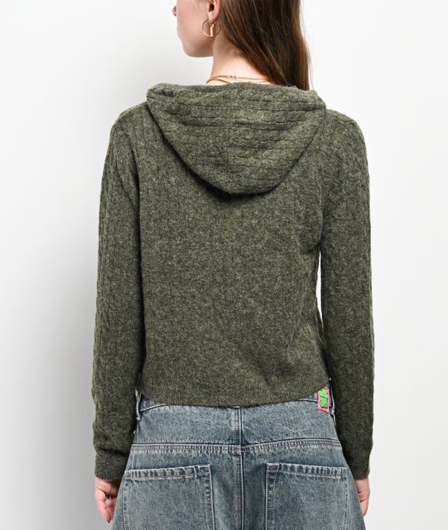 Hooked Up Green Cable Knit Crop Zip Hooded Sweater - thumbnail 2