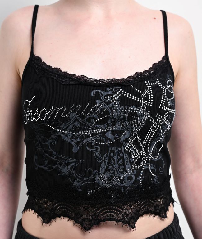 Insomnia Blessed Rhinestone Black Crop Tank Top - thumbnail 3