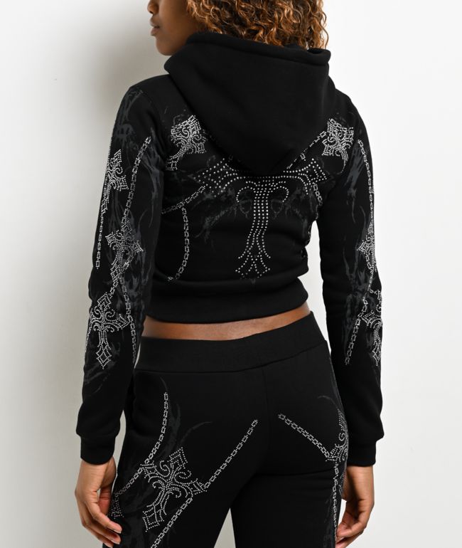 Insomnia Visuals Chains Rhinestone Black Crop Zip Hoodie - thumbnail 2