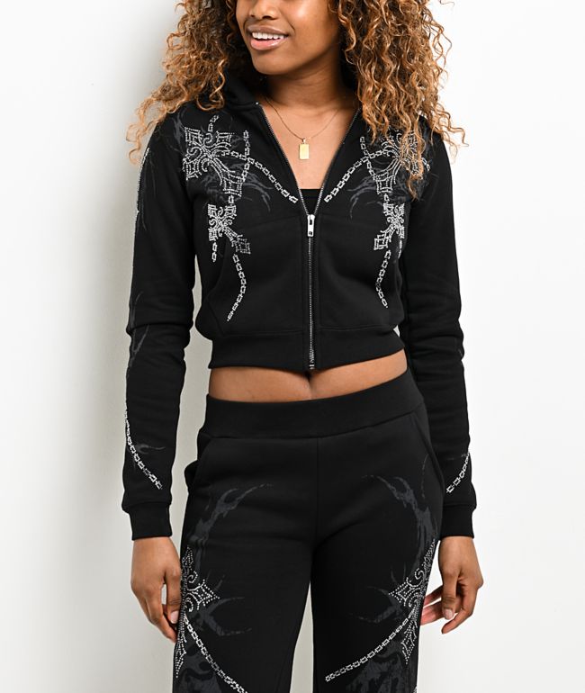 Insomnia Visuals Chains Rhinestone Black Crop Zip Hoodie