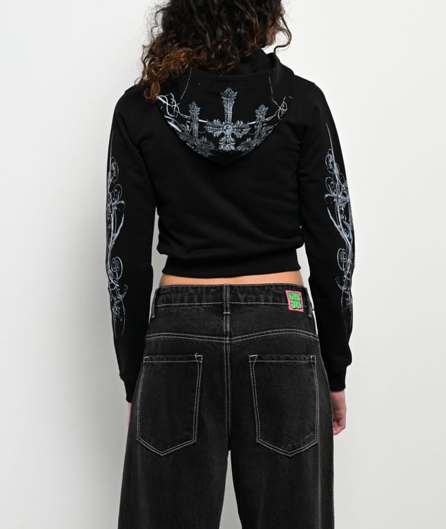 Insomnia Visuals Crucifix Rhinestone Black Crop Zip Hoodie - thumbnail 2