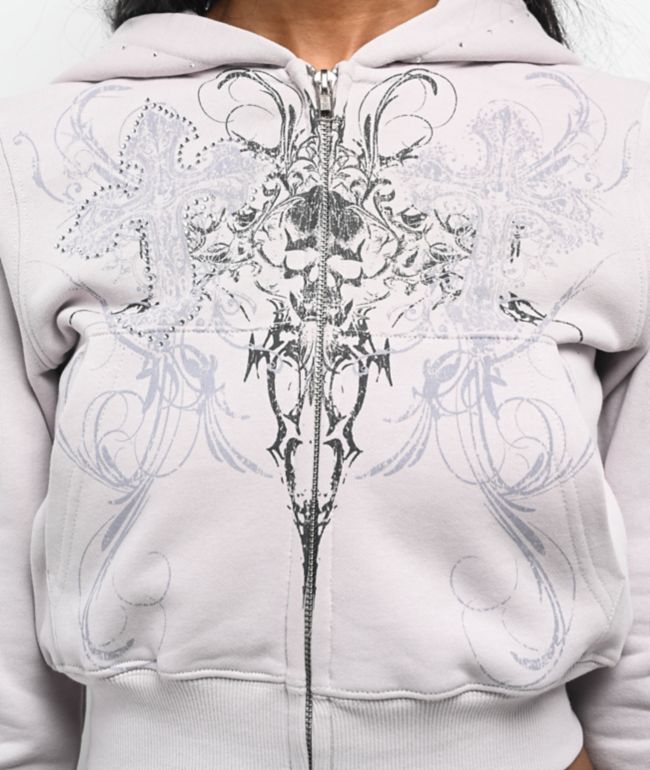 Insomnia Visuals Double Cross Rhinestone Grey Crop Zip Hoodie - thumbnail 3