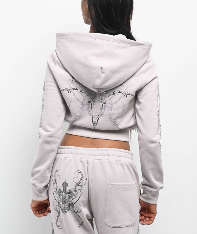 Insomnia Visuals Double Cross Rhinestone Grey Crop Zip Hoodie - thumbnail 2
