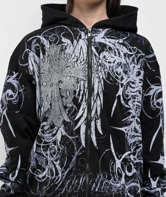 Insomnia Visuals Eclipse Rhinestone Black Zip Hoodie - thumbnail 3