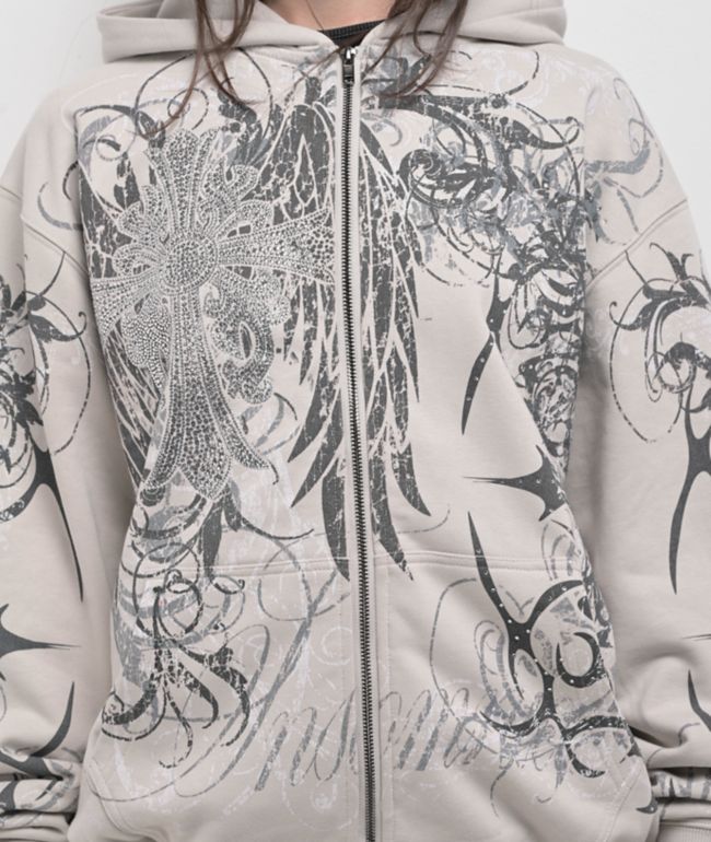Insomnia Visuals Eclipse Rhinestone Light Grey Zip Hoodie - thumbnail 3