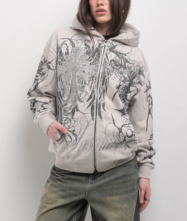 Insomnia Visuals Eclipse Rhinestone Light Grey Zip Hoodie