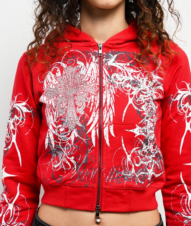 Insomnia Visuals Eclipse Rhinestone Red Crop Zip Hoodie - thumbnail 3