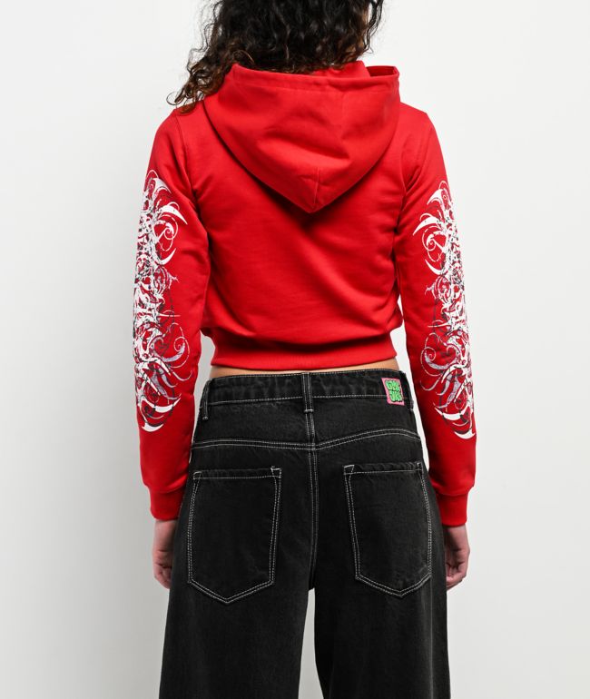 Insomnia Visuals Eclipse Rhinestone Red Crop Zip Hoodie - thumbnail 2