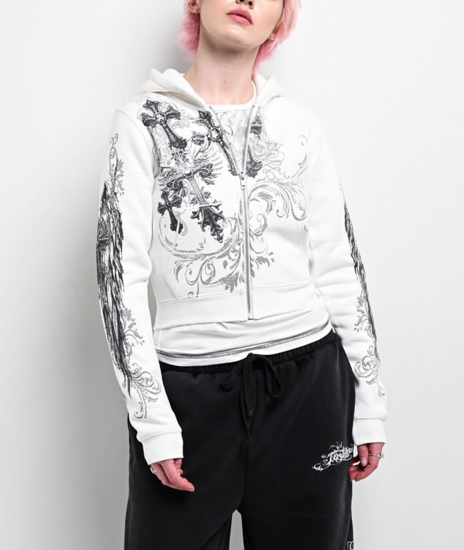 Insomnia Visuals Elegance White Crop Zip Hoodie
