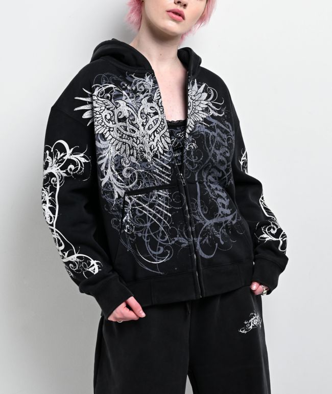 Insomnia Visuals Eternal Rhinestone Black Wash Zip Hoodie