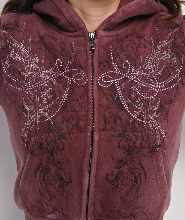 Insomnia Visuals Fever Red Wash Crop Zip Hoodie - thumbnail 3