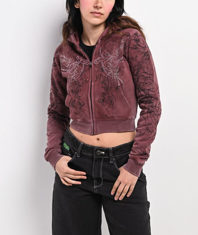 Insomnia Visuals Fever Red Wash Crop Zip Hoodie