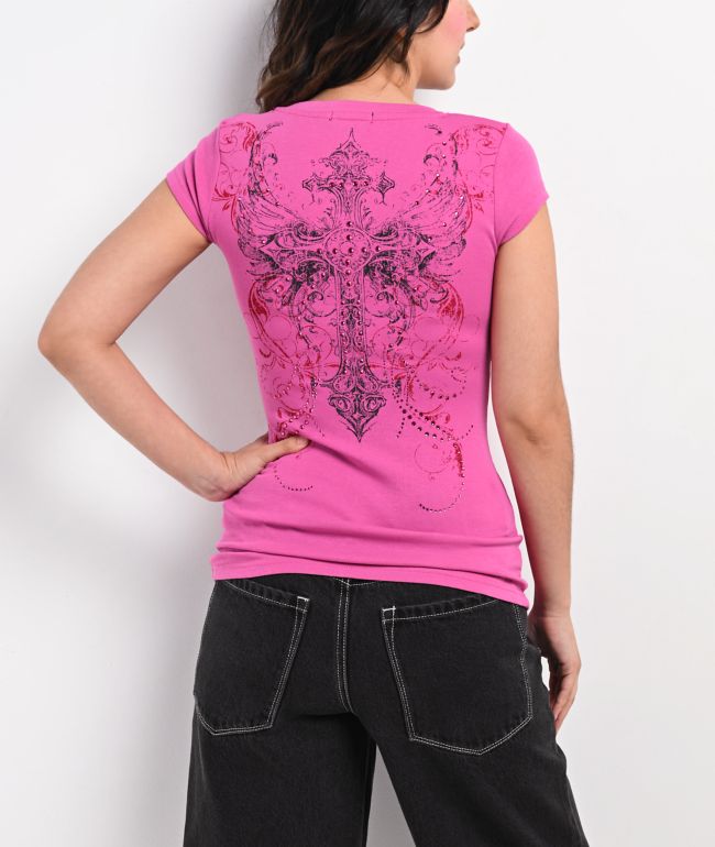 Insomnia Visuals Lovers Rhinestone Pink V-Neck T-Shirt - thumbnail 2