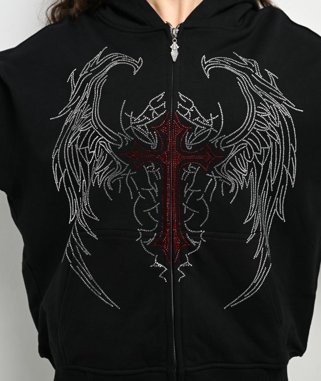 Insomnia Visuals Winged Cross Rhinestone Black Zip Hoodie - thumbnail 3