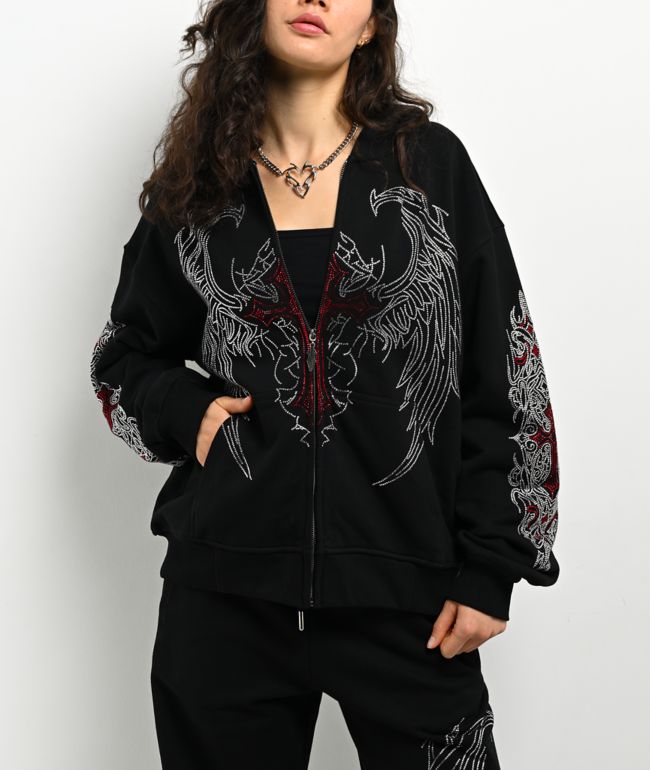Insomnia Visuals Winged Cross Rhinestone Black Zip Hoodie