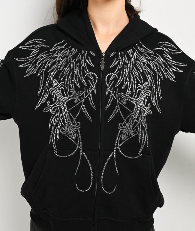 Insomnia Visuals Wings Rhinestone Black Zip Hoodie - thumbnail 3