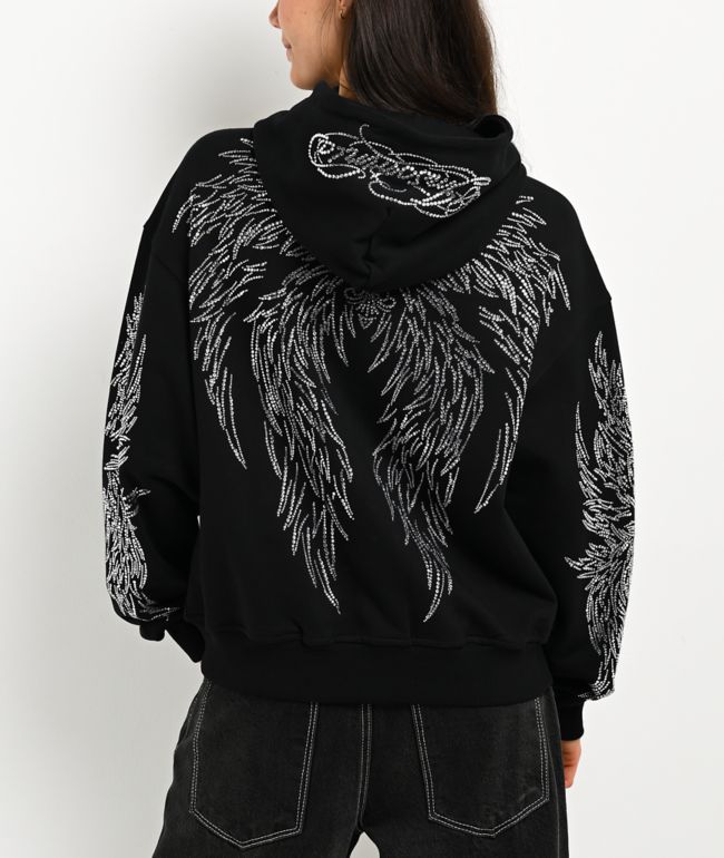 Insomnia Visuals Wings Rhinestone Black Zip Hoodie - thumbnail 2