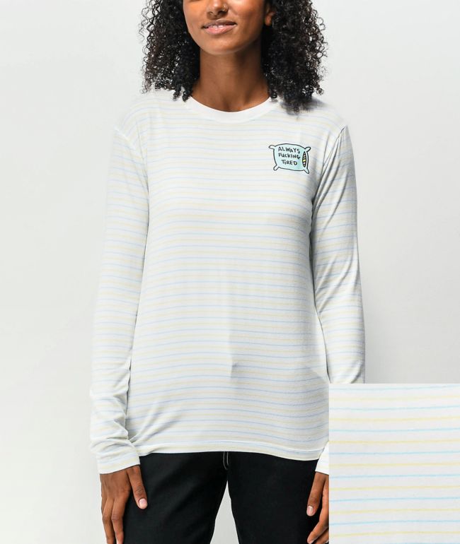 JV by Jac Vanek Always Tired White Stripe Long Sleeve T-Shirt