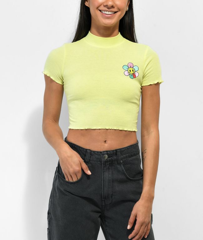 JV by Jac Vanek Flower Yellow Mock Neck Crop Top