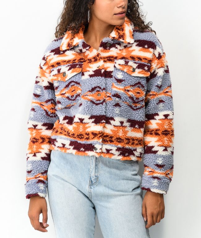 Khaki & Blue Sherpa Geometric Print Jacket