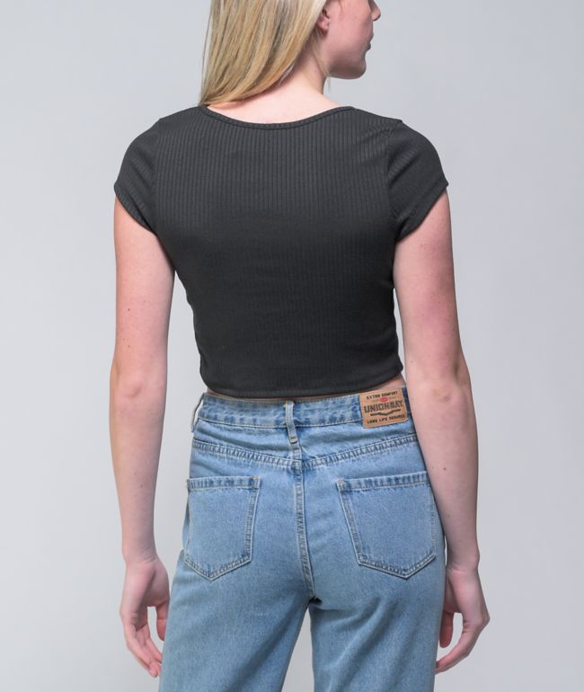 Lunachix Black Rib Tie Front Crop Top - thumbnail 3