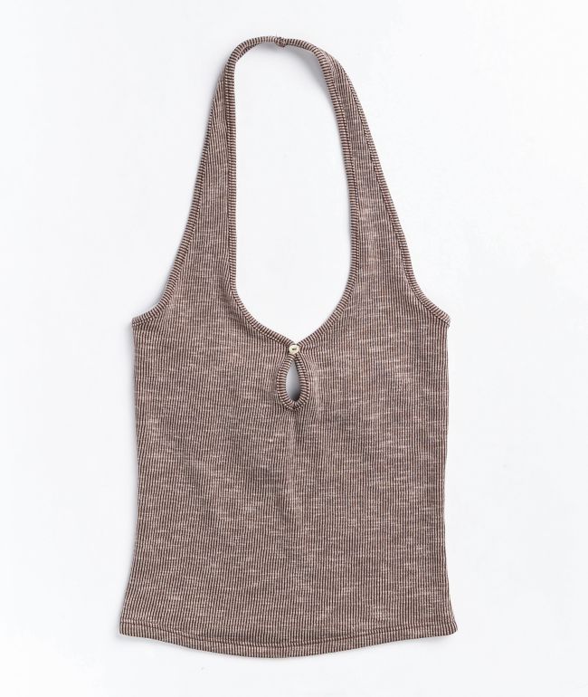 Lunachix Button Front Brown Halter Top