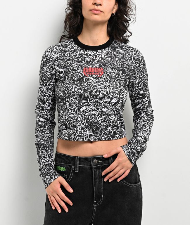 Lurking Class By Sketchy Tank x Stikker Madness Black & White Thermal Long Sleeve Crop T-Shirt