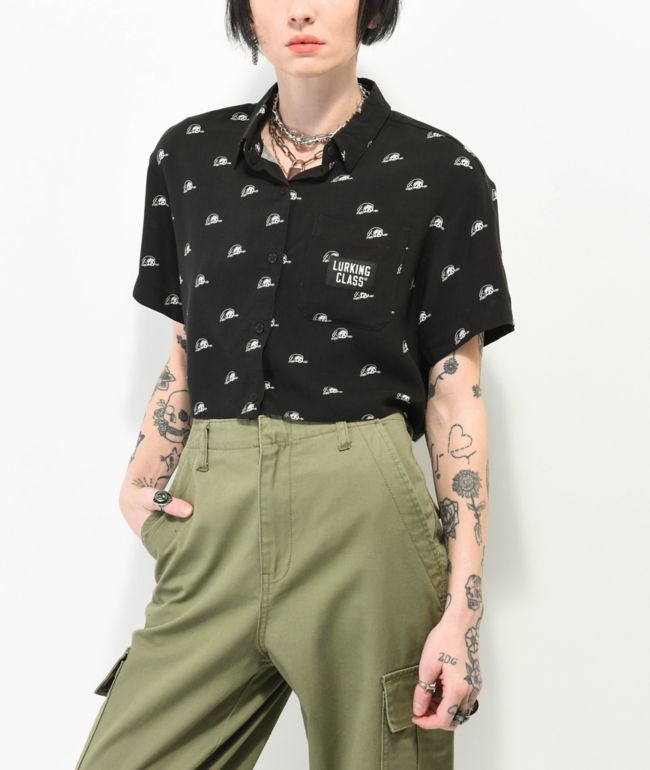 Lurking Class by Sketchy Tank  Lurker AOP Black Crop Short Sleeve Woven Shirt
