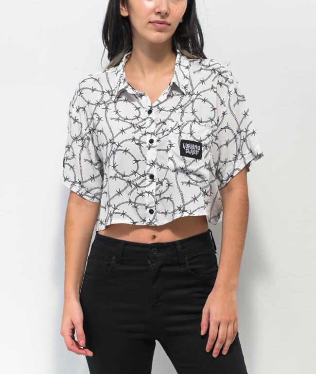 Lurking Class by Sketchy Tank Barbed Wire White Crop Woven Shirt
