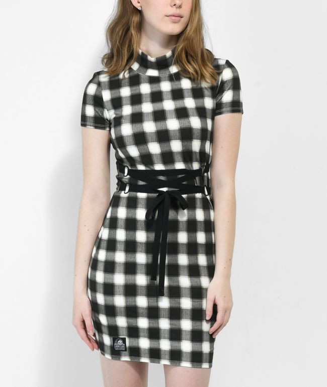 Lurking Class by Sketchy Tank Black & White Plaid Tie Dress