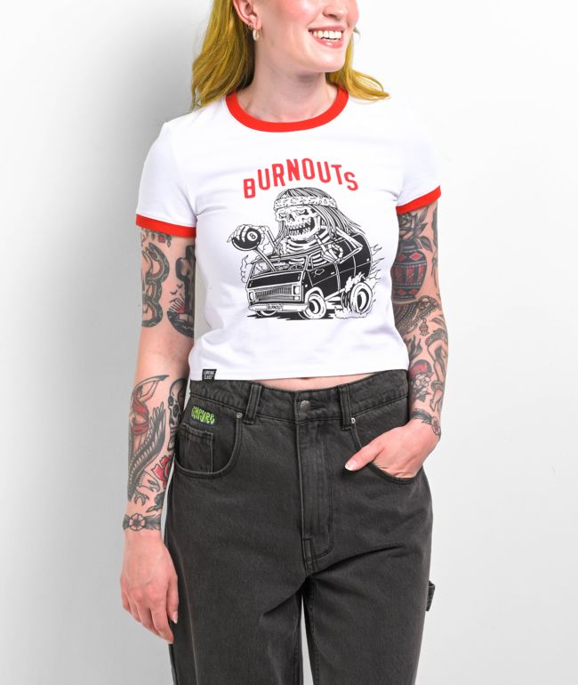 Lurking Class by Sketchy Tank Burnout Ringer White Crop T-Shirt