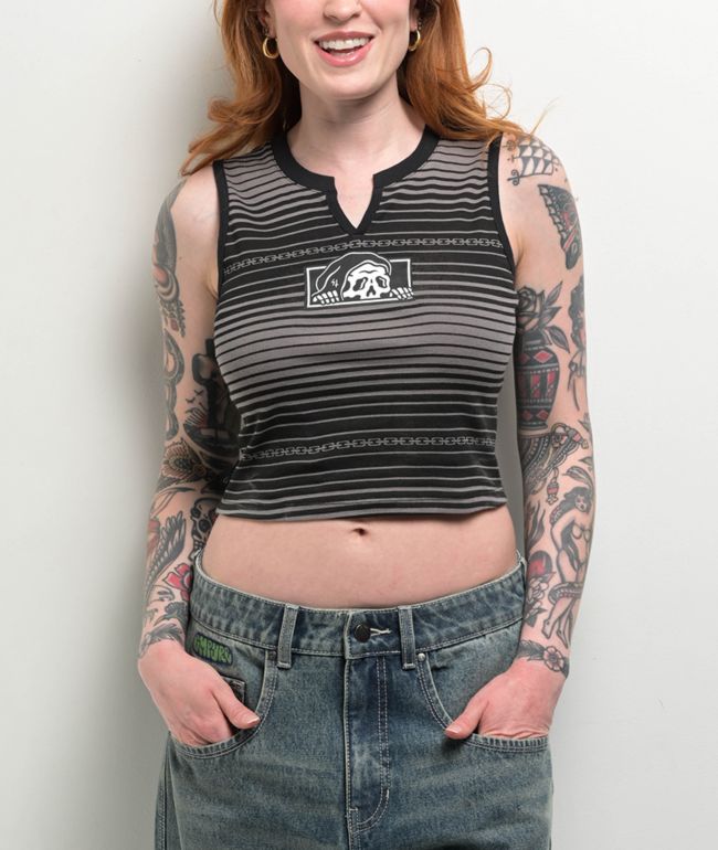 Lurking Class by Sketchy Tank Chain Stripe Black & Grey Raglan Crop Tank Top
