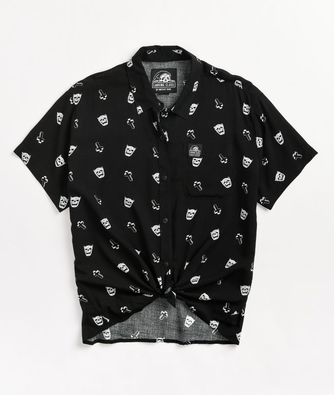 Lurking Class by Sketchy Tank Cry Print Black Short Sleeve Button Up Shirt
