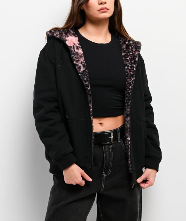 Lurking Class by Sketchy Tank Death Leopard Black & Pink Faux Fur Reversible Work Jacket