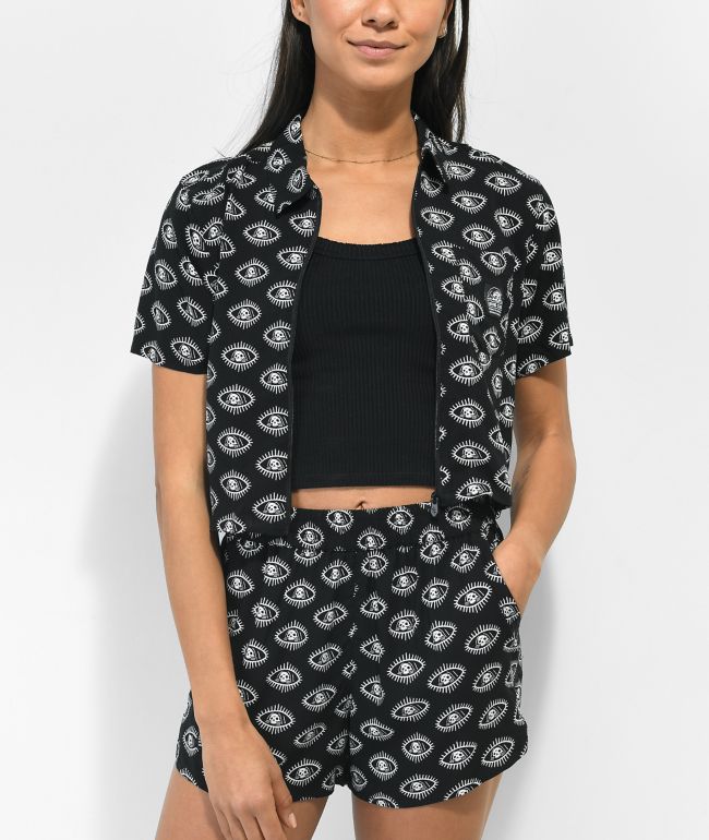 Lurking Class by Sketchy Tank Eyes Black Crop Short Sleeve Zip Up Shirt