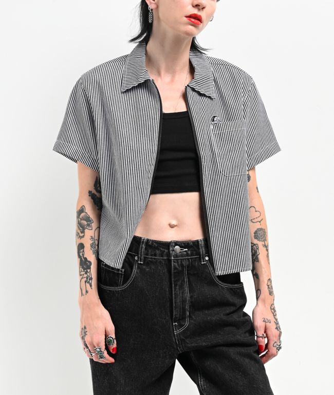 Lurking Class by Sketchy Tank Lurker Black & White Stripe Crop Work Shirt