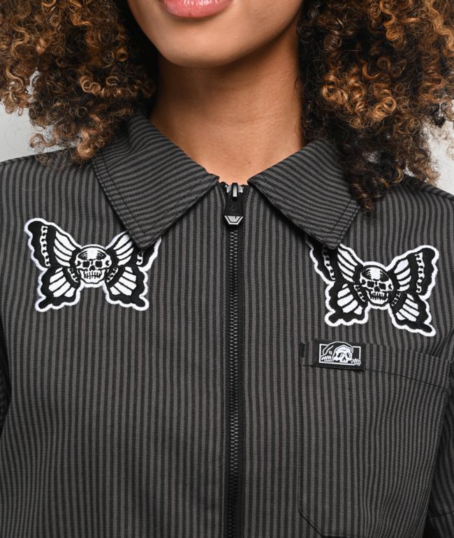 Lurking Class by Sketchy Tank Skullfly Black Stripe Crop Work Shirt - thumbnail 3