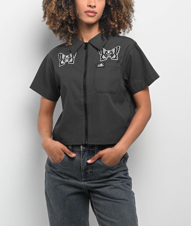 Lurking Class by Sketchy Tank Skullfly Black Stripe Crop Work Shirt