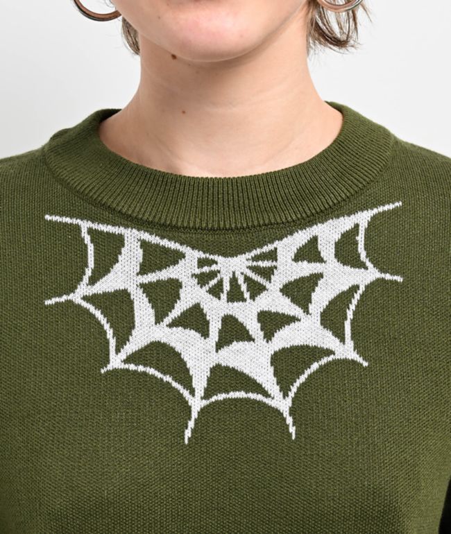 Lurking Class by Sketchy Tank Spider Web Green Crop Sweater - thumbnail 3