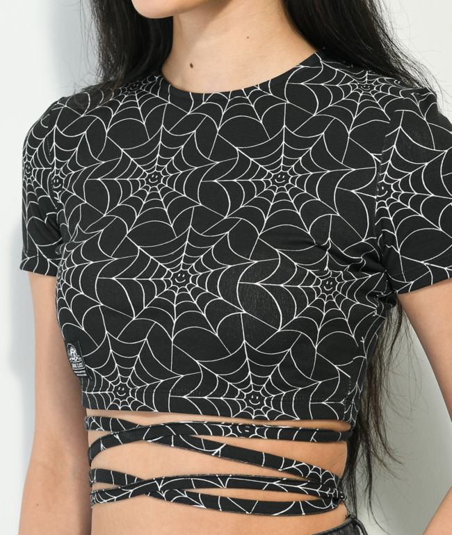 Lurking Class by Sketchy Tank Spiderweb Black Wrap Around Crop Shirt - thumbnail 3