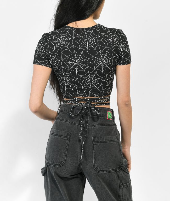 Lurking Class by Sketchy Tank Spiderweb Black Wrap Around Crop Shirt - thumbnail 2