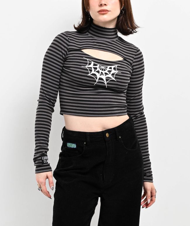 Lurking Class by Sketchy Tank Striped Cutout Black Long Sleeve Crop Top