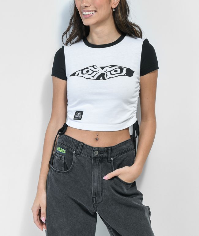 Lurking Class by Sketchy Tank Terror Eyes White & Black Cinch Crop Top