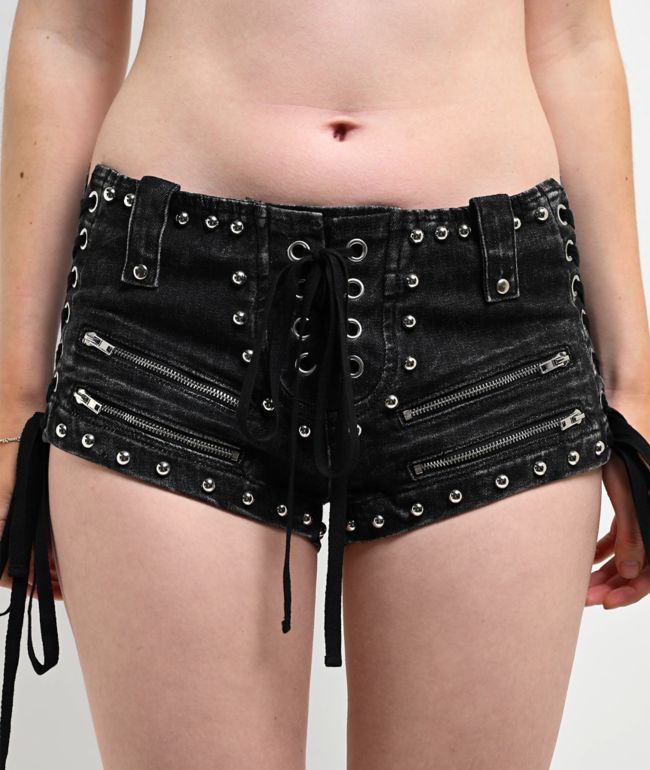 Mebon Rebel Studded Black Wash Micro Shorts - thumbnail 3