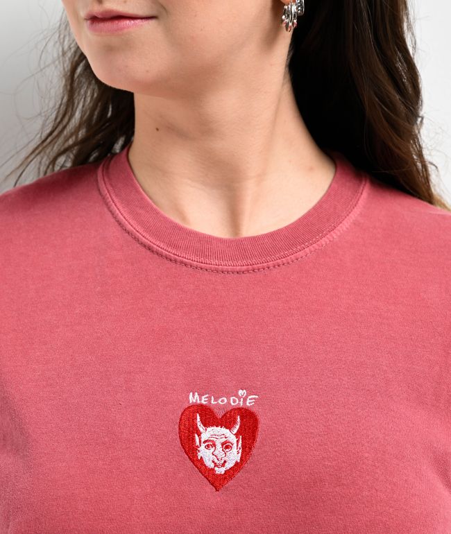 Melodie Cold Hearted Embroidered Boxy Red T-Shirt - thumbnail 3