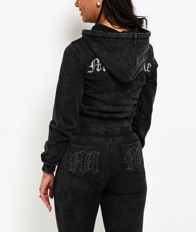 Miss Me Washed Black Crop Zip Hoodie - thumbnail 2